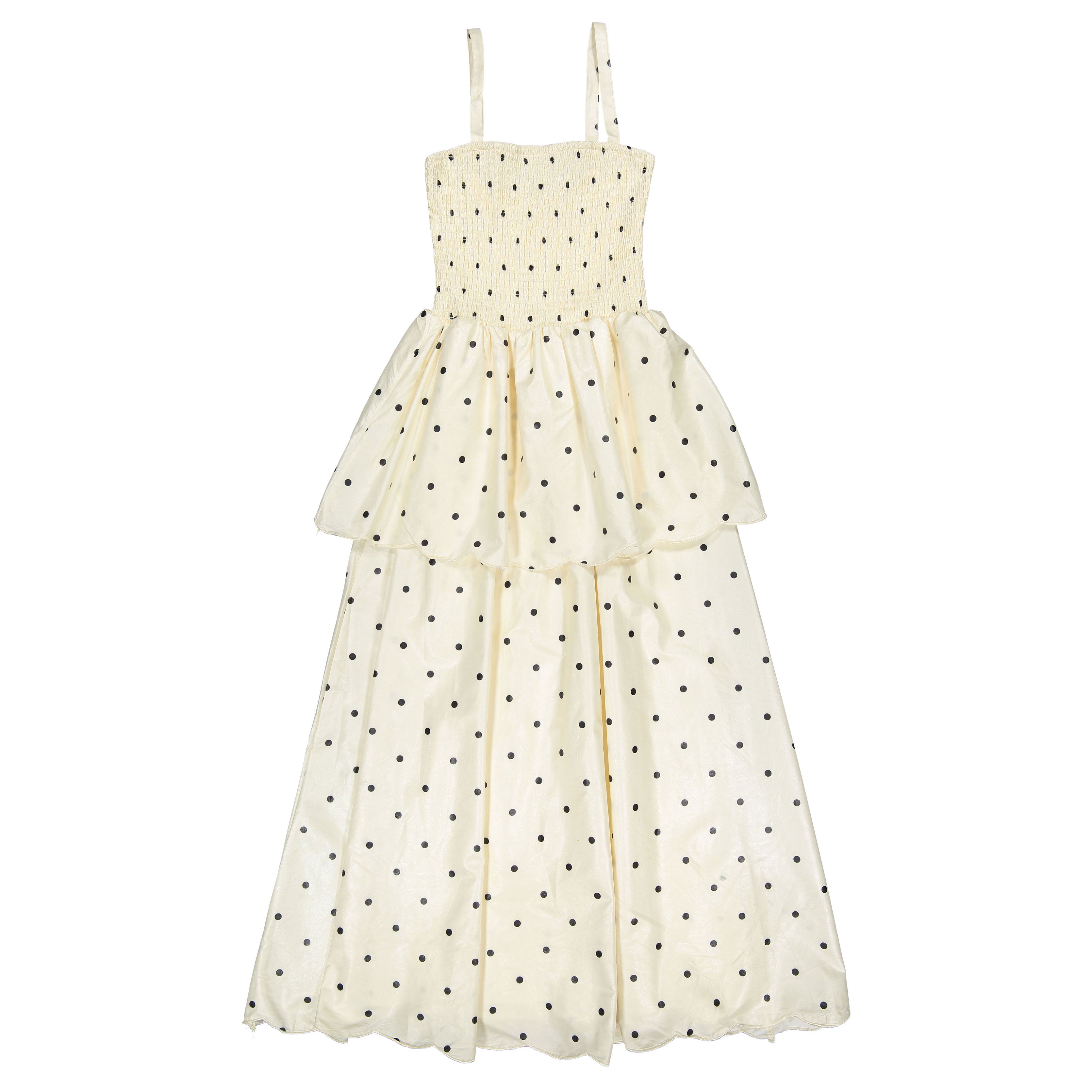 white dress with gold polka dots Ava and Lu Ivory Dot Chiffon – Ladida A great holiday dress Adornment:Lite Crystals Red Shoes Black Prom smarttag_collection_filter:Fit & Flare Dresses