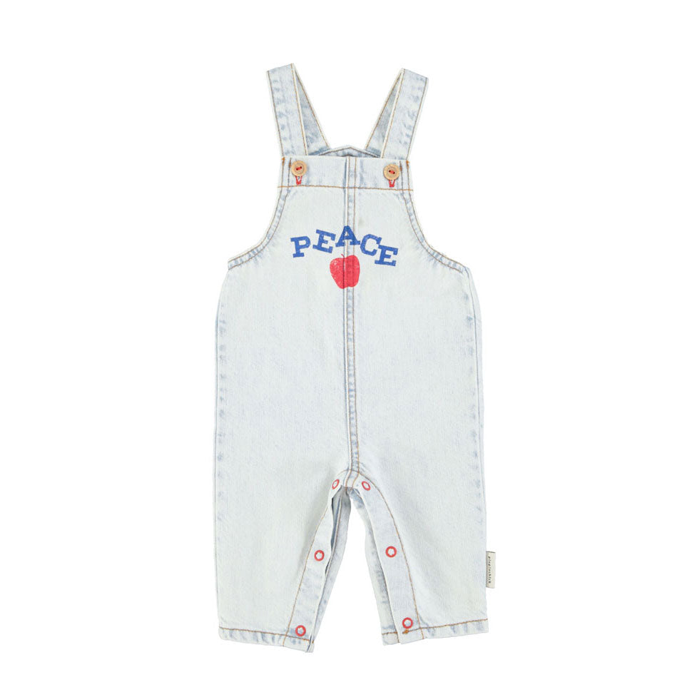 Piupiuchick Washed Light Blue Denim "Peace" Print Baby Dungarees