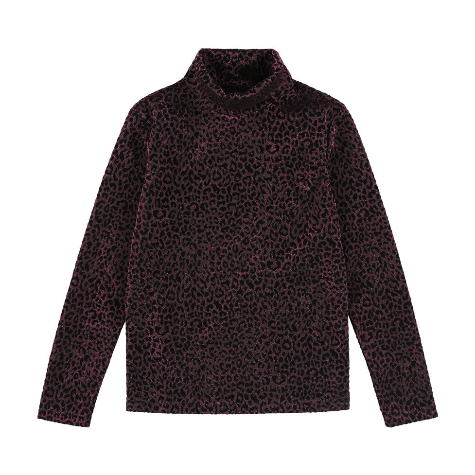 Caroline Bosmans Bright Pink Velvet Leopard Turtleneck