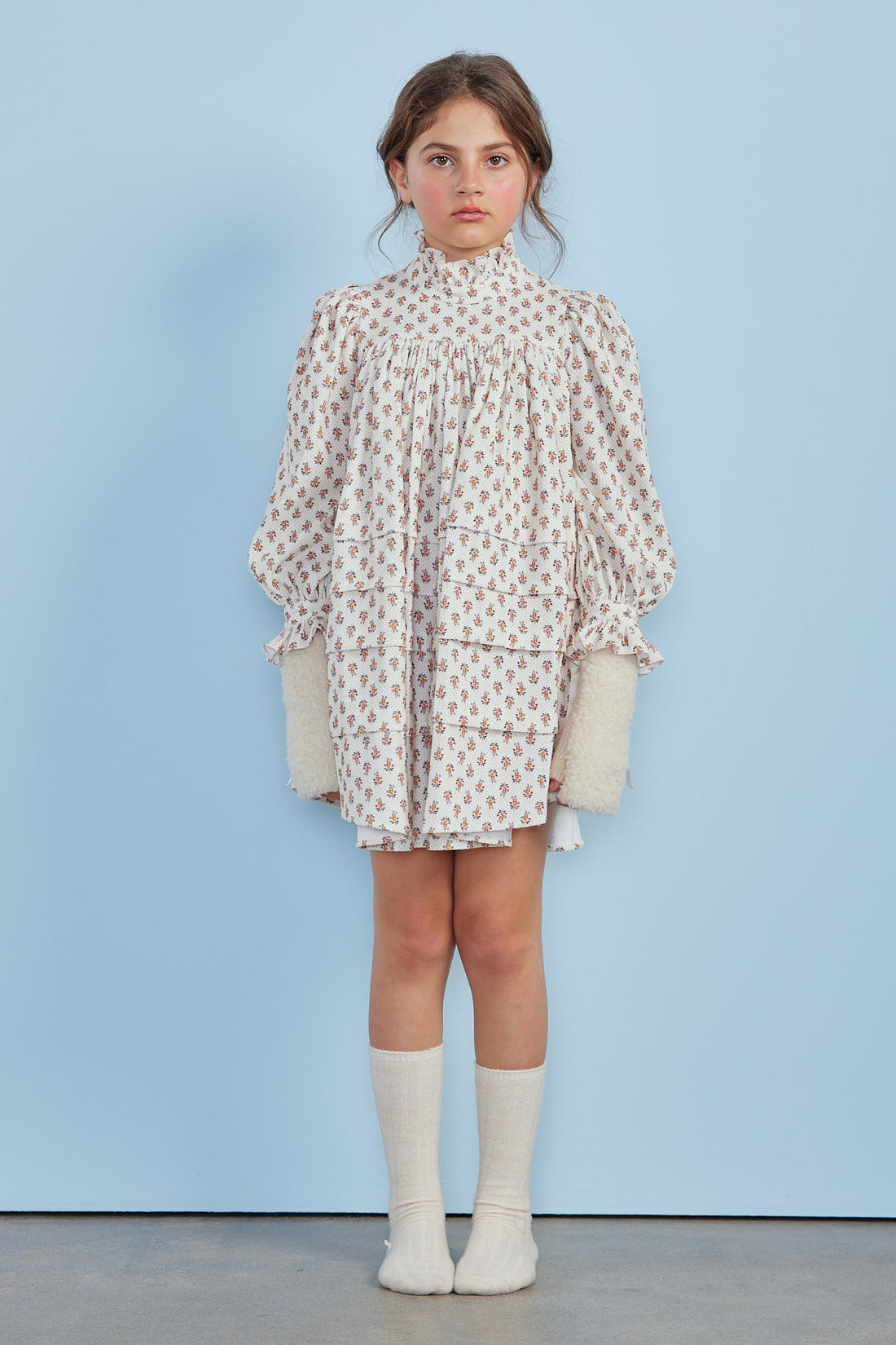 Petite Amalie Toffee Flower Cord  Tiered Babydoll Dress