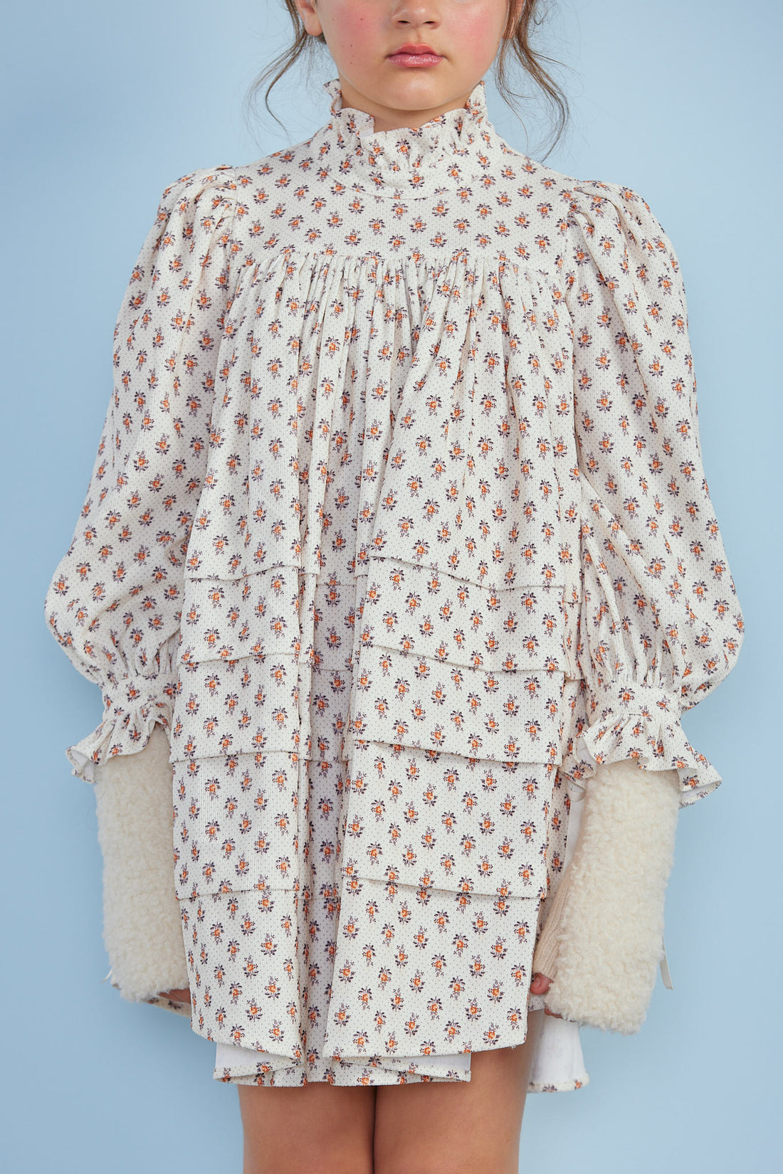 Petite Amalie Toffee Flower Cord  Tiered Babydoll Dress
