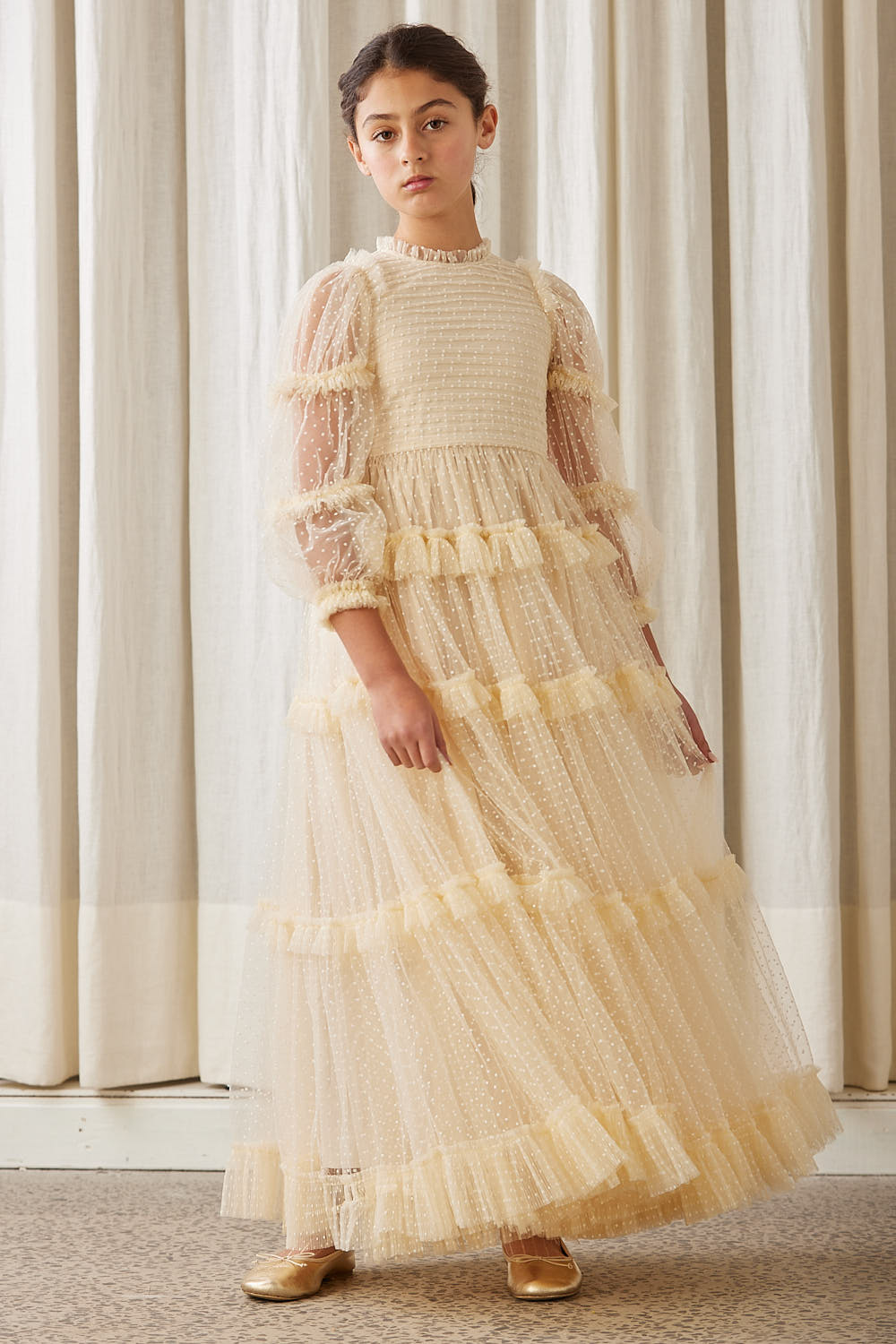 Petite Amalie Cream Tulle Pleated Frill Dress