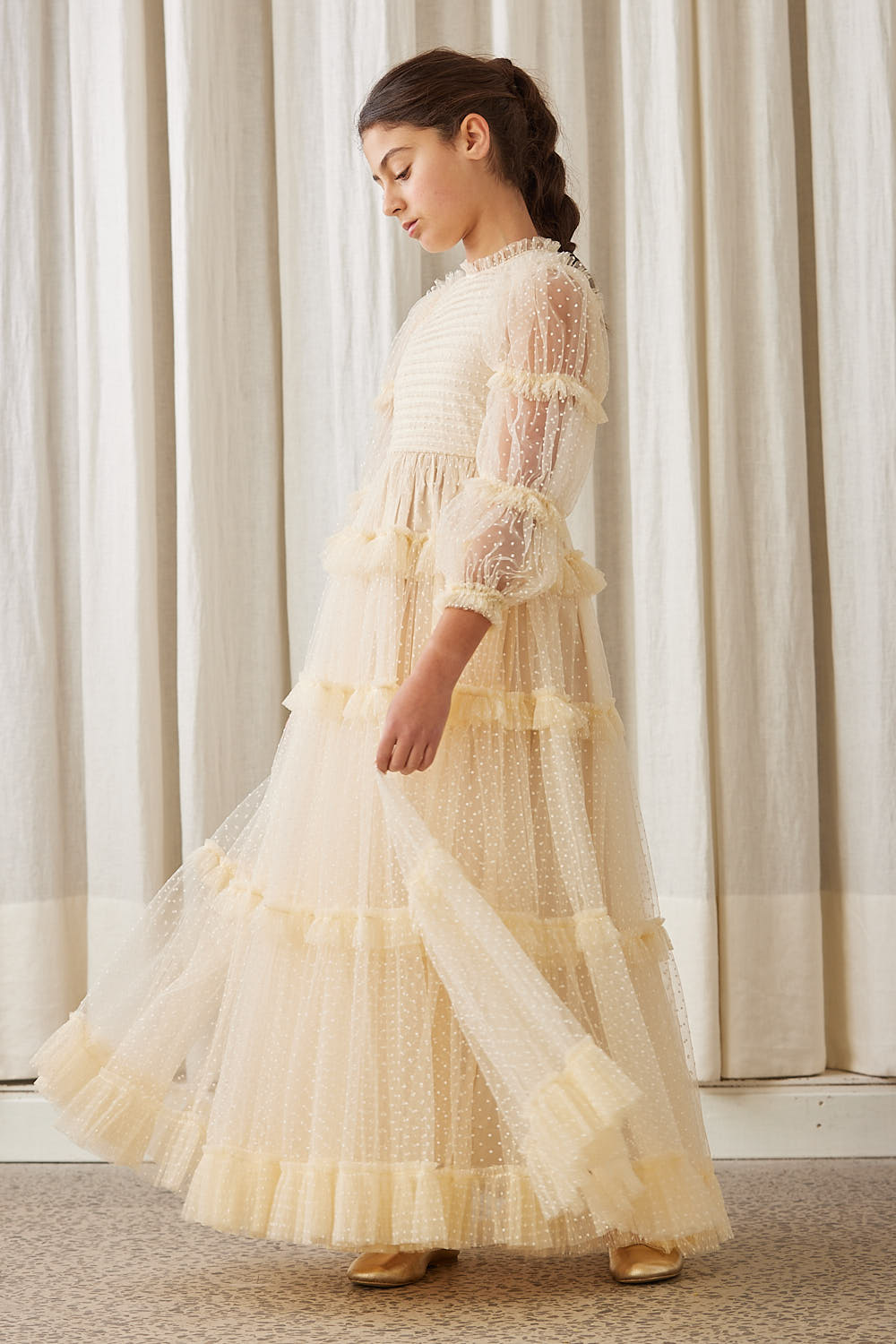 Petite Amalie Cream Tulle Pleated Frill Dress