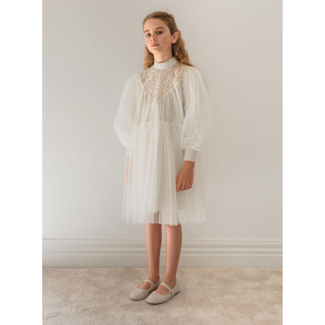 Petite Amalie  Ivory Lace Applique Tulle Baydoll Dress