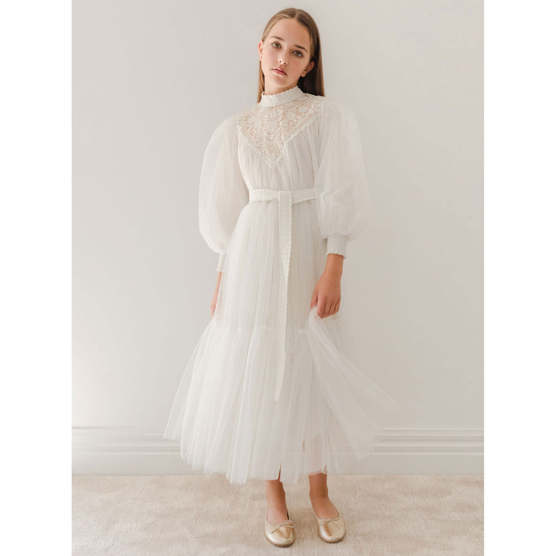 Petite Amalie  Ivory Midi Lace Applique Tulle Baydoll Dress