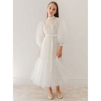 Petite Amalie  Ivory Midi Lace Applique Tulle Baydoll Dress