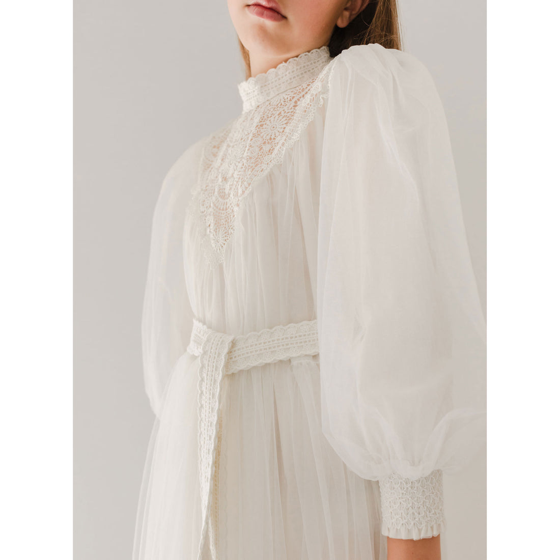 Petite Amalie  Ivory Midi Lace Applique Tulle Baydoll Dress