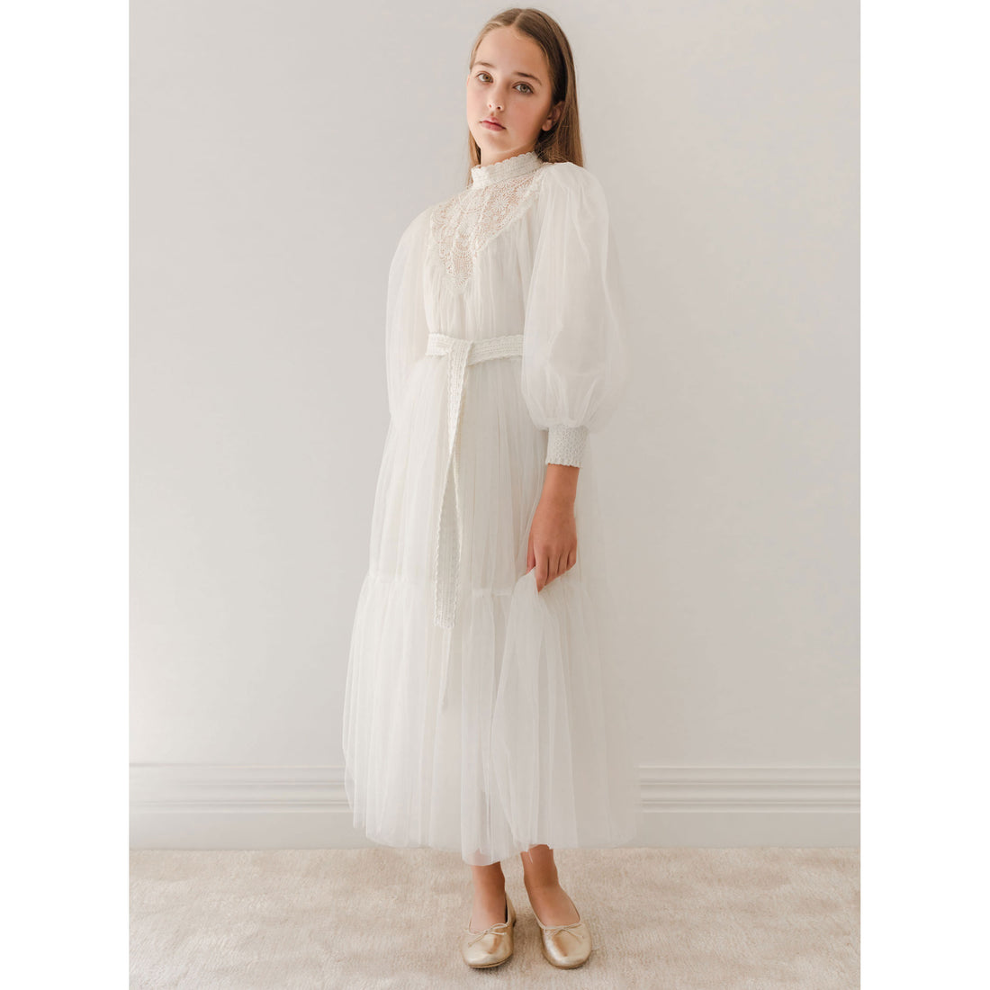 Petite Amalie  Ivory Midi Lace Applique Tulle Baydoll Dress