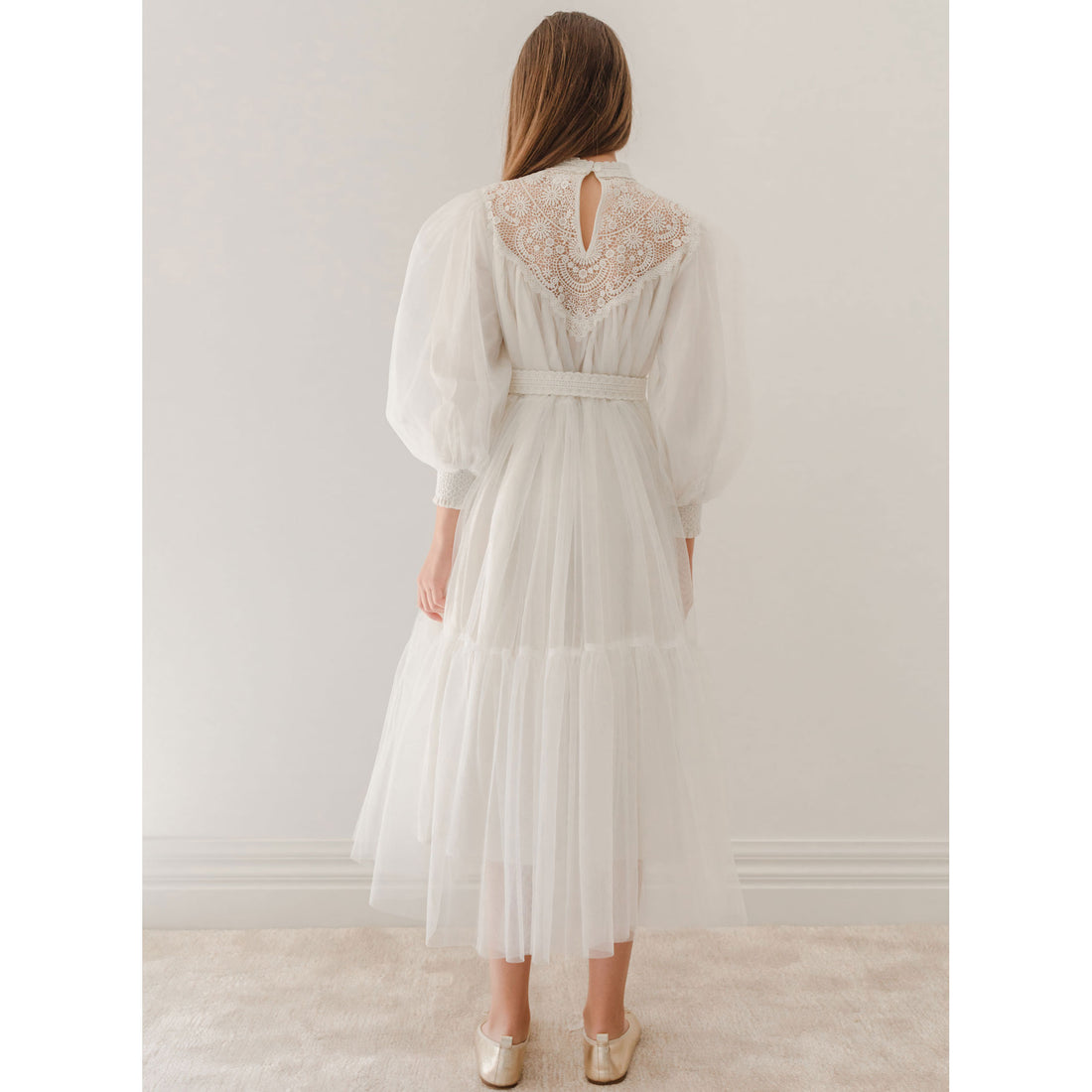 Petite Amalie  Ivory Midi Lace Applique Tulle Baydoll Dress