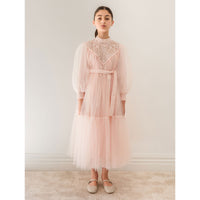 Petite Amalie  Shell Pink Midi Lace Applique Tulle Baydoll Dress