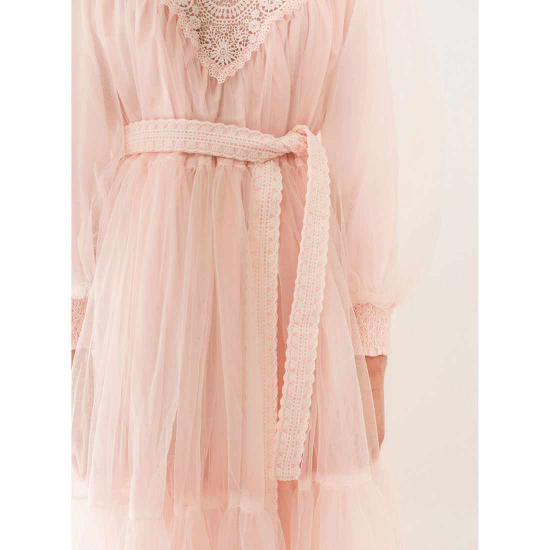 Petite Amalie  Shell Pink Midi Lace Applique Tulle Baydoll Dress