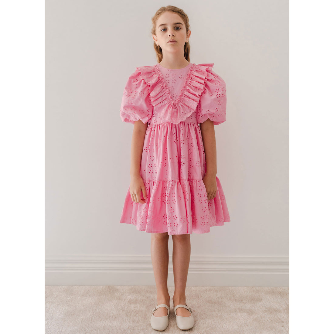 Petite Amalie  Fuchsia Eyelet Poplin Ruffle Dress