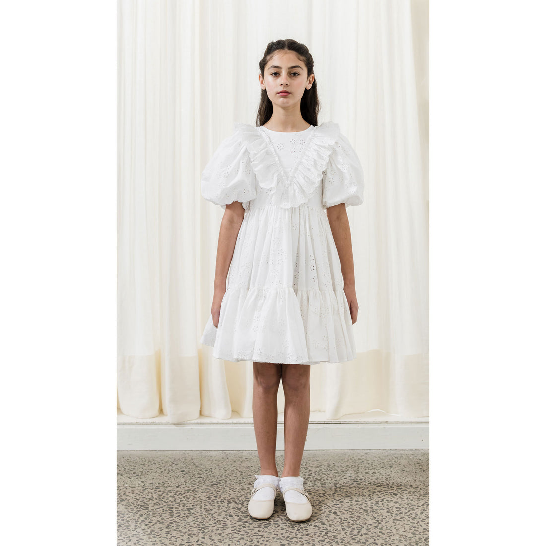 Petite Amalie  White Eyelet Poplin Ruffle Dress