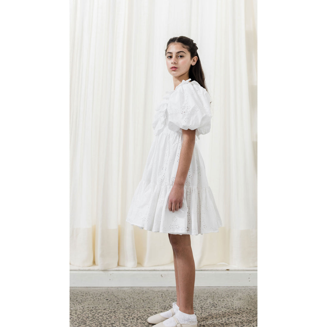 Petite Amalie  White Eyelet Poplin Ruffle Dress
