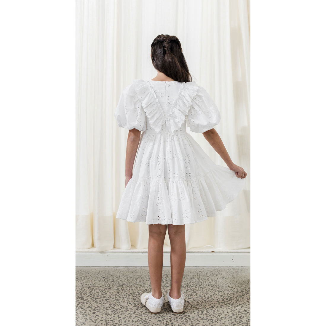 Petite Amalie  White Eyelet Poplin Ruffle Dress