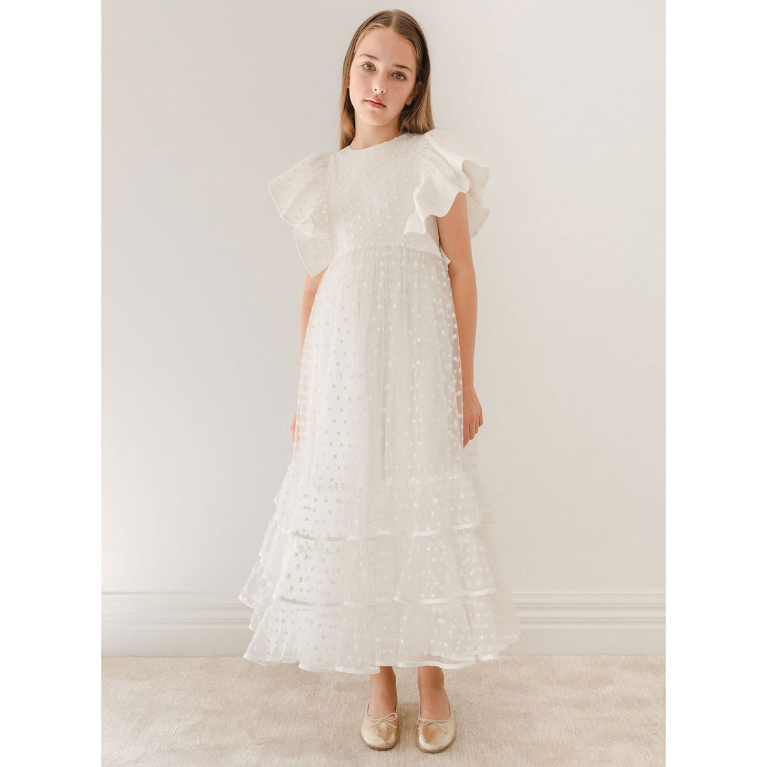 Petite Amalie  White Embroiderd Flower Bud Tulle Dress