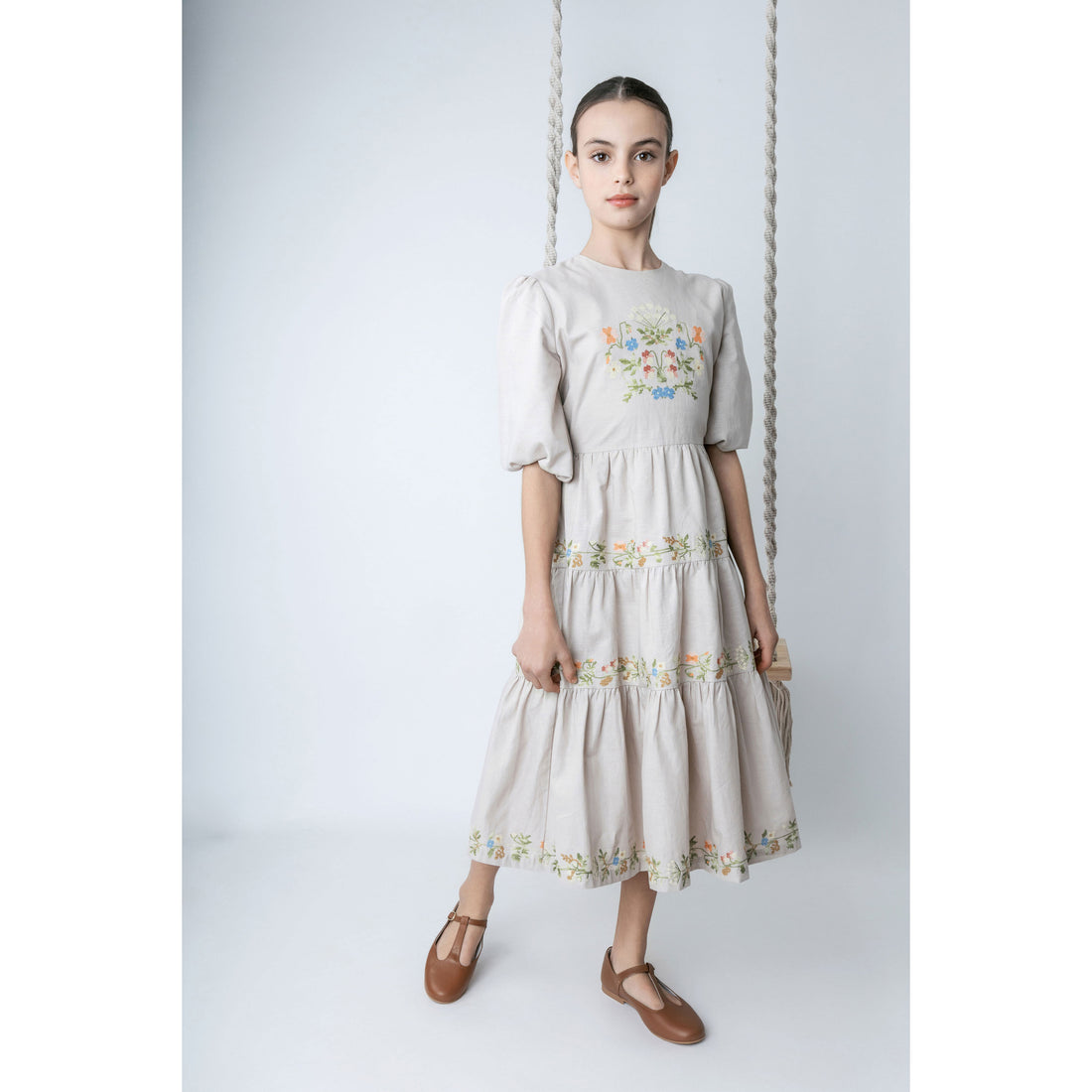 Noma Light Blue Floral Cross Stich Embroidery Dress