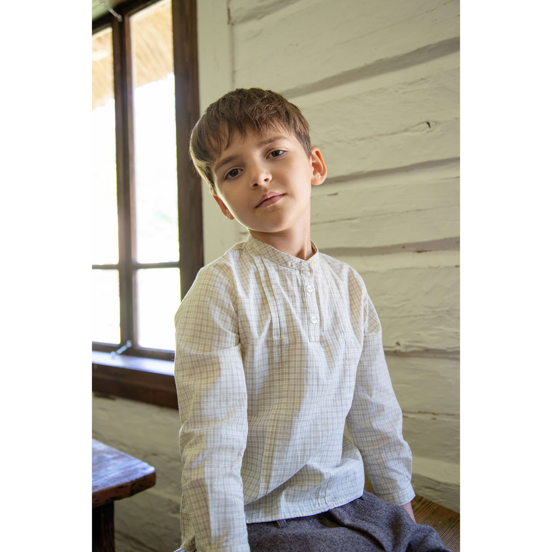 Belati  Grey Mandarin Collared Plaid Shirt