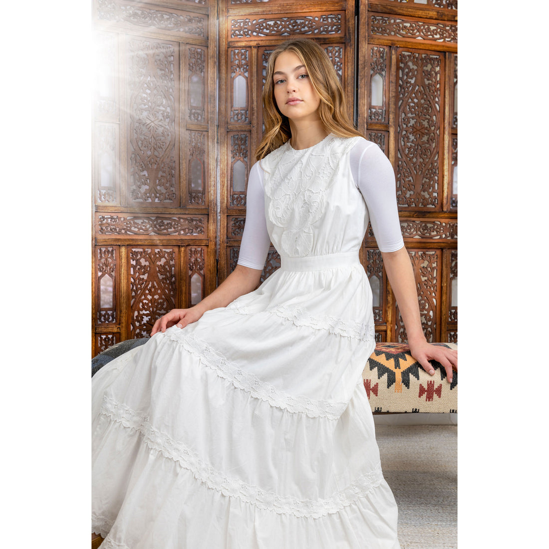 HEV White V Bib Eyelet Dress