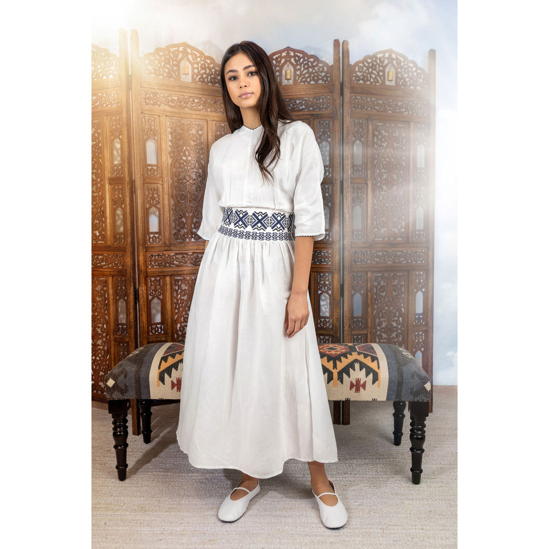 HEV White Embroidered Waist Dress