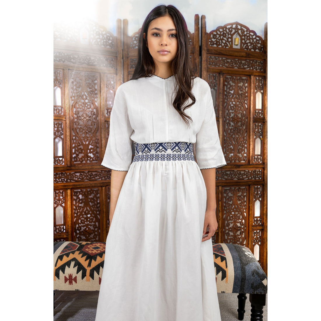 HEV White Embroidered Waist Dress