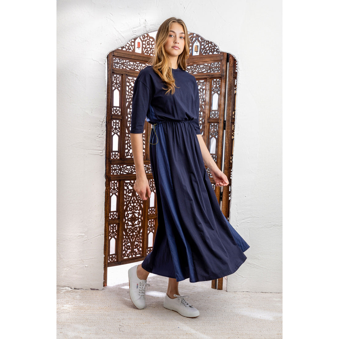 HEV Navy Denim Panelled Toggle Dress