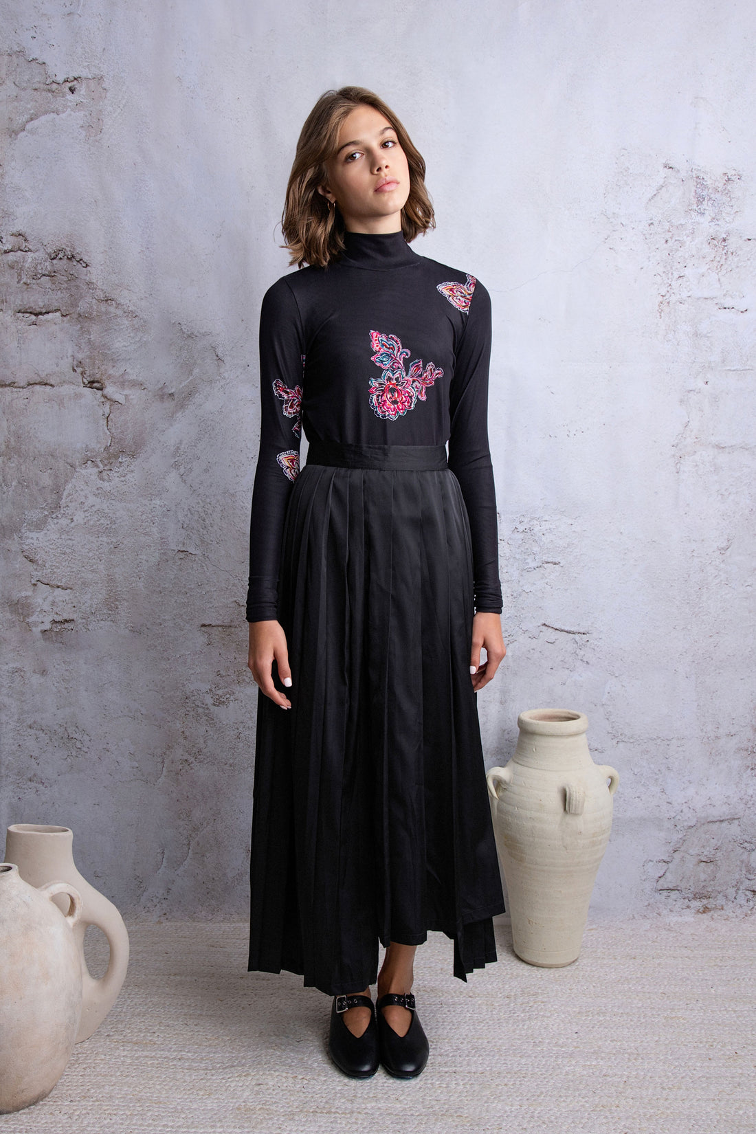 HEV Black Silk Wrap Pleat Skirt
