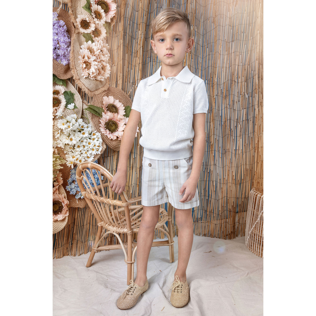 Noma Beige Stripe Button Detail Striped Shorts