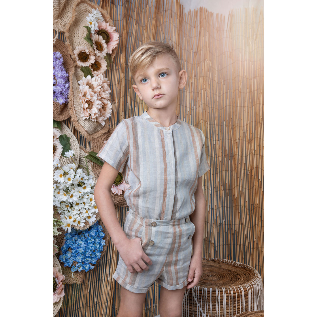 Noma Apricot Wide Shoulder Pleat Striped Shirt