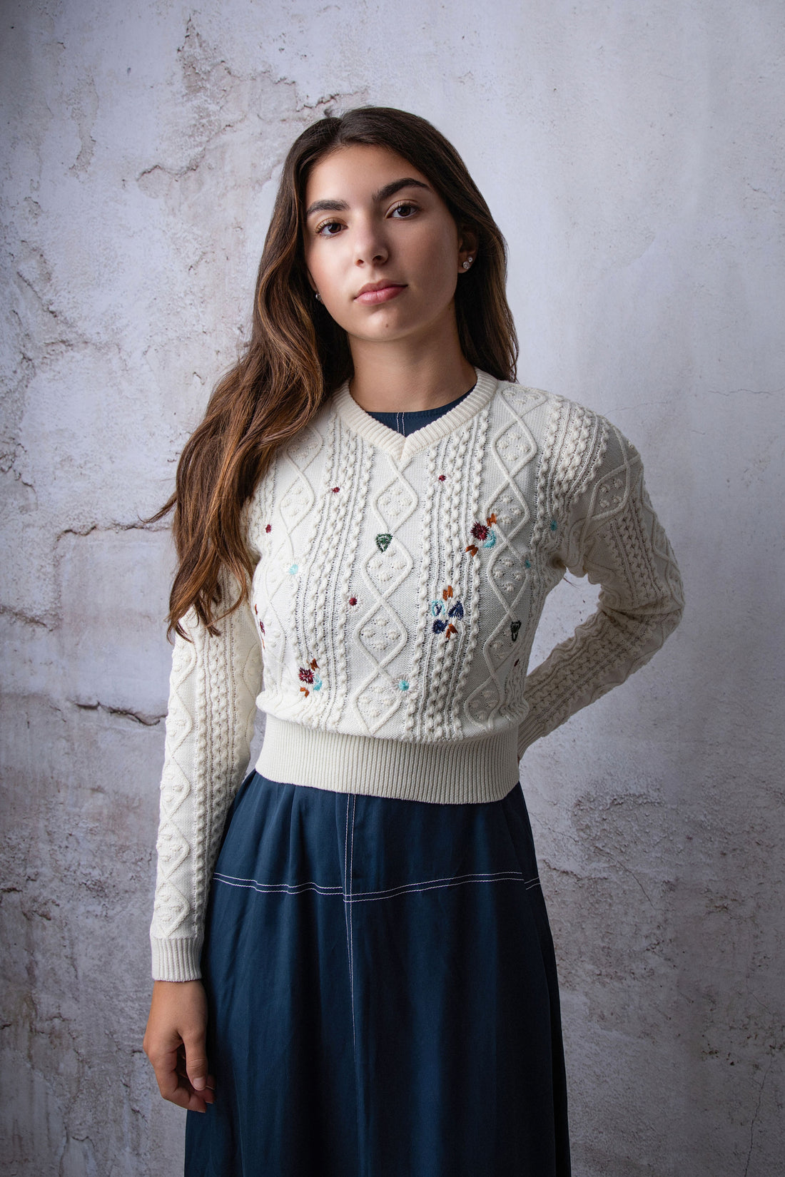 HEV Cream Embroidered Knit Back Tie Sweater