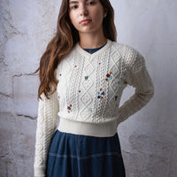 HEV Cream Embroidered Knit Back Tie Sweater