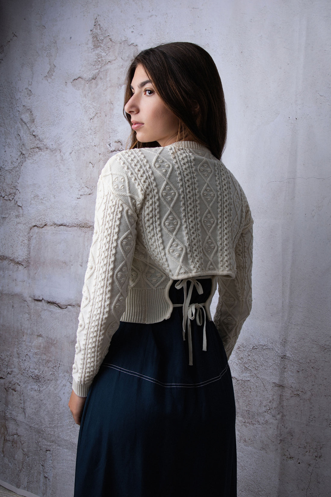 HEV Cream Embroidered Knit Back Tie Sweater