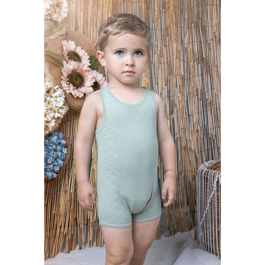 Noma Sage Solid Pointelle Knit Romper