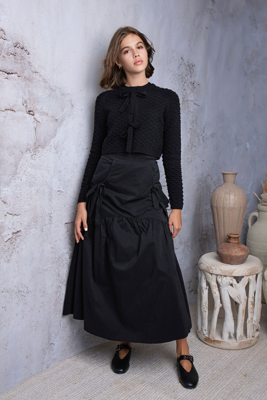 HEV Navy Taffeta Bow Detail Skirt