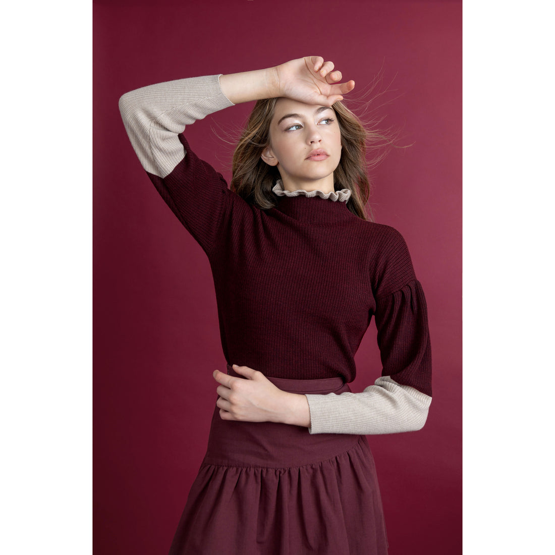 Hev Burgundy Contrast Sleeve Pullover