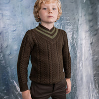 Noma Dark Olive V Neck Herringbone Pattern