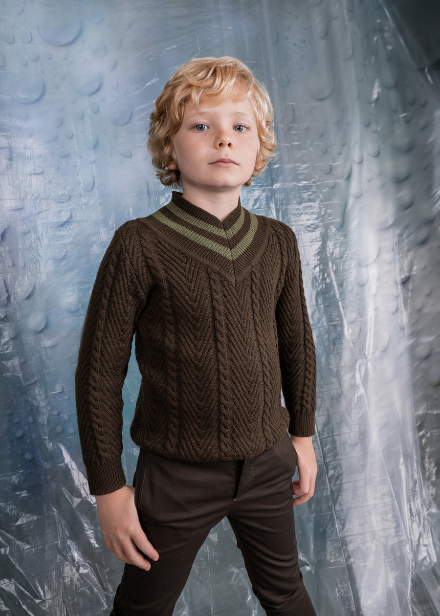 Noma Dark Olive V Neck Herringbone Pattern