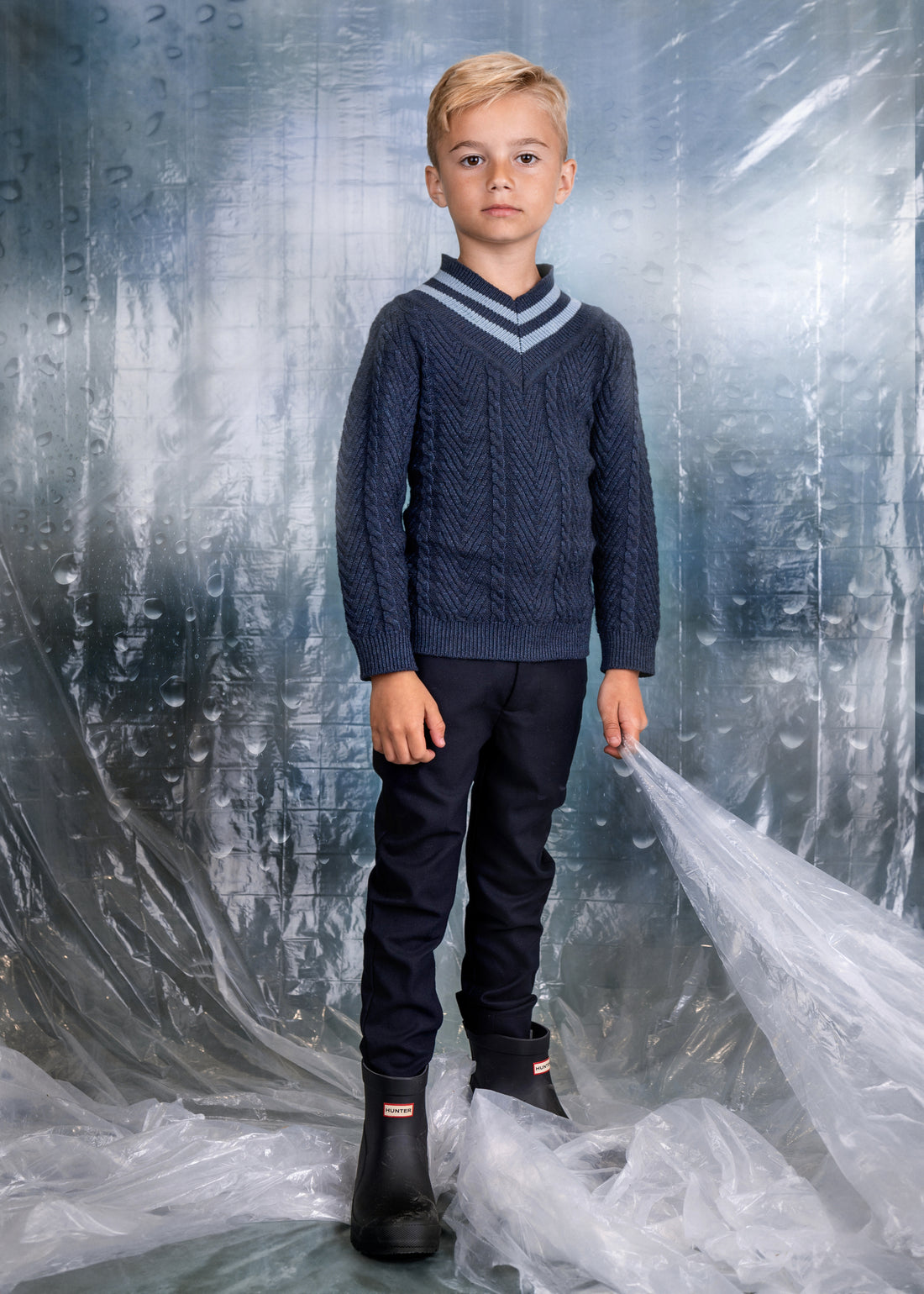 Noma Blue V Neck Herringbone Pattern