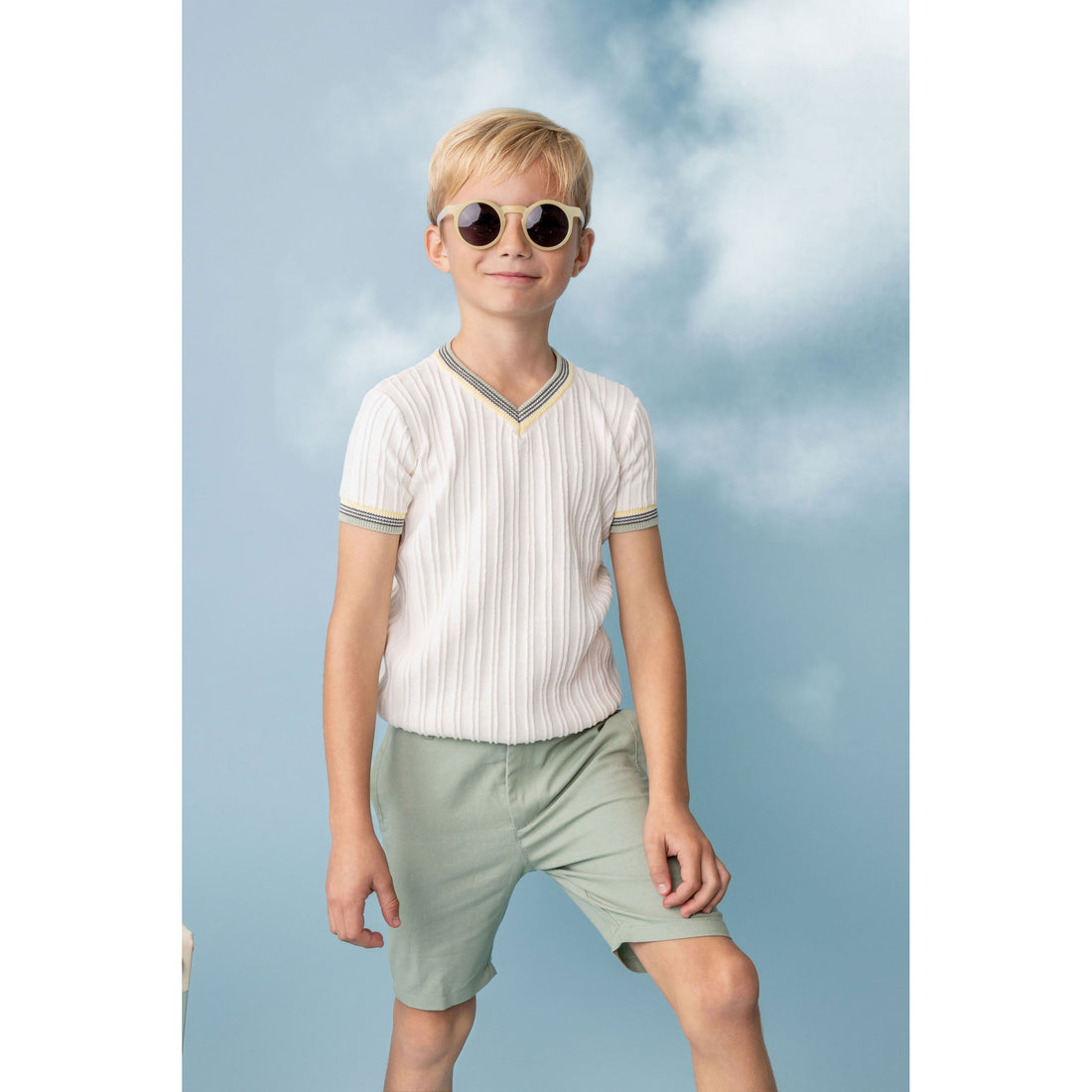 Belati Cream/Green Trim Knit Sweater