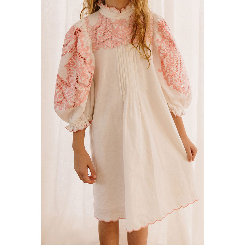 Petite Amalie White/Pink Embroidered Sleeve Linen Smock Dress Ladida Petite Amalie White/Pink Embroidered Sleeve Linen Smock Dress Ladida