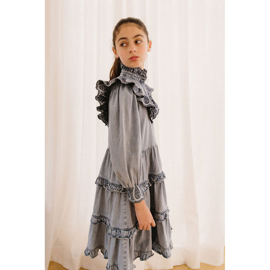 Petite Pink Light Chambray Embroidered Dress With Tiered Skirt