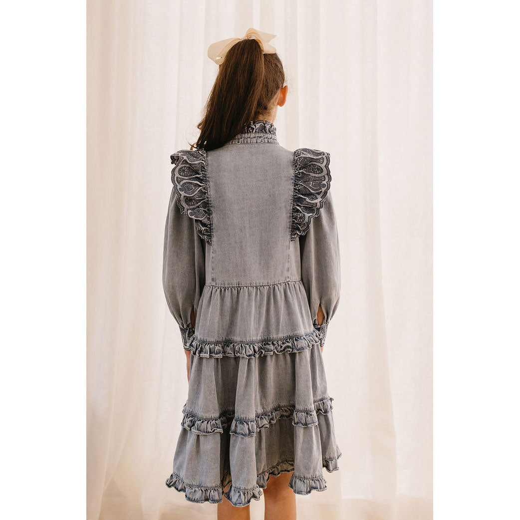 Petite Pink Light Chambray Embroidered Dress With Tiered Skirt