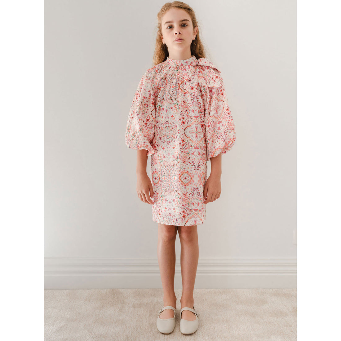 Petite Amalie  Pink Print oroccan Print Bow Neck Dress