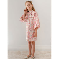 Petite Amalie  Pink Print oroccan Print Bow Neck Dress