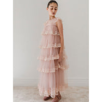 Petite Gold  Mauve Pink Long Sleeve Layers Tulle Gown