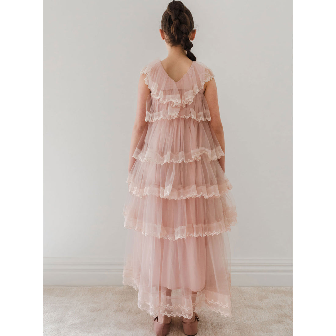Petite Gold  Mauve Pink Long Sleeve Layers Tulle Gown