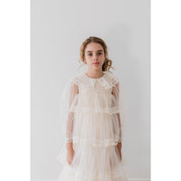 Petite Gold Ivory Long Sleeve Layers Tulle Gown