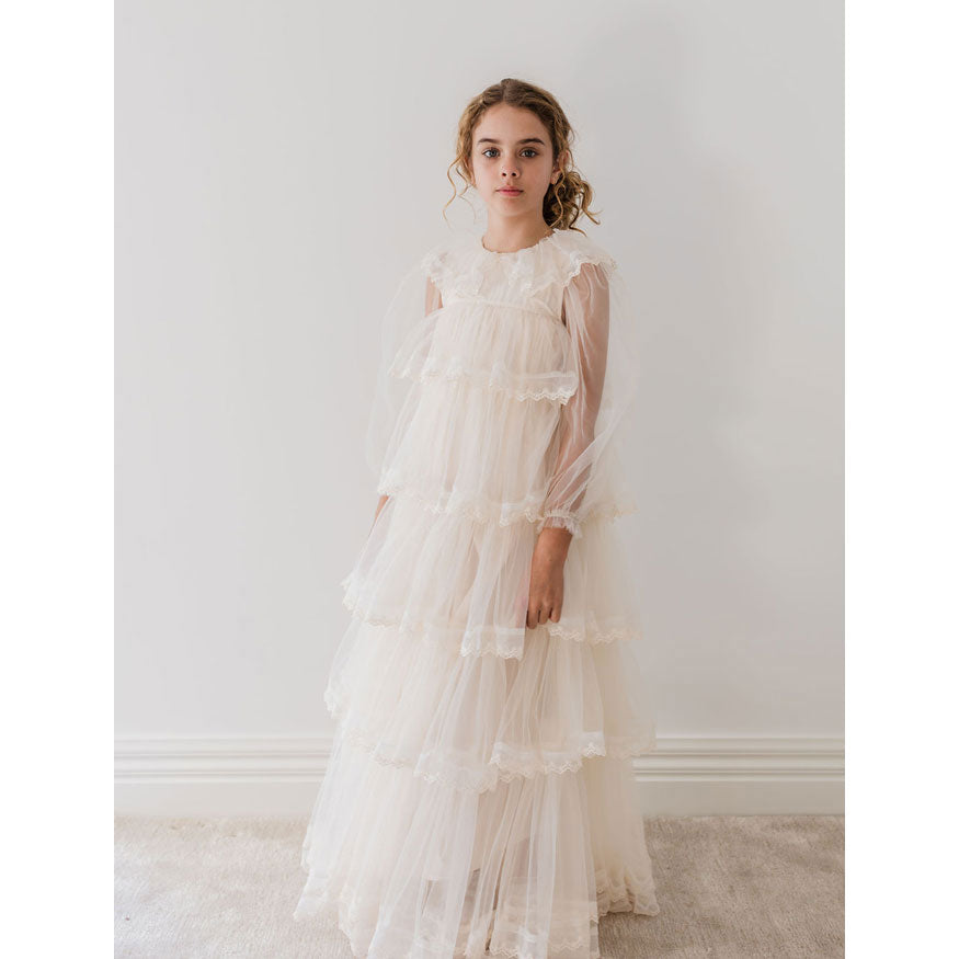 Petite Gold Ivory Long Sleeve Layers Tulle Gown