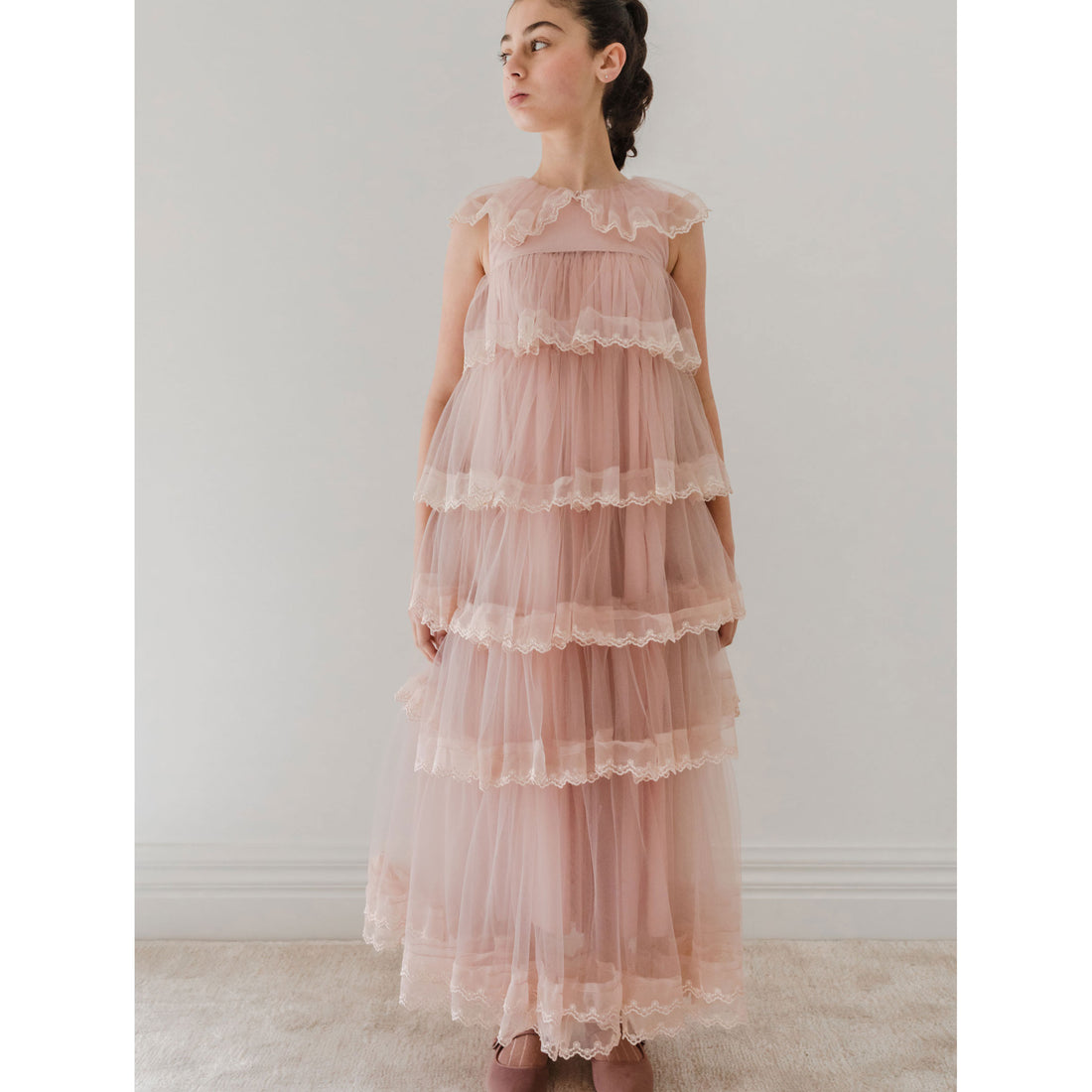 Petite Gold  Mauve Pink Long Sleeve Layers Tulle Gown