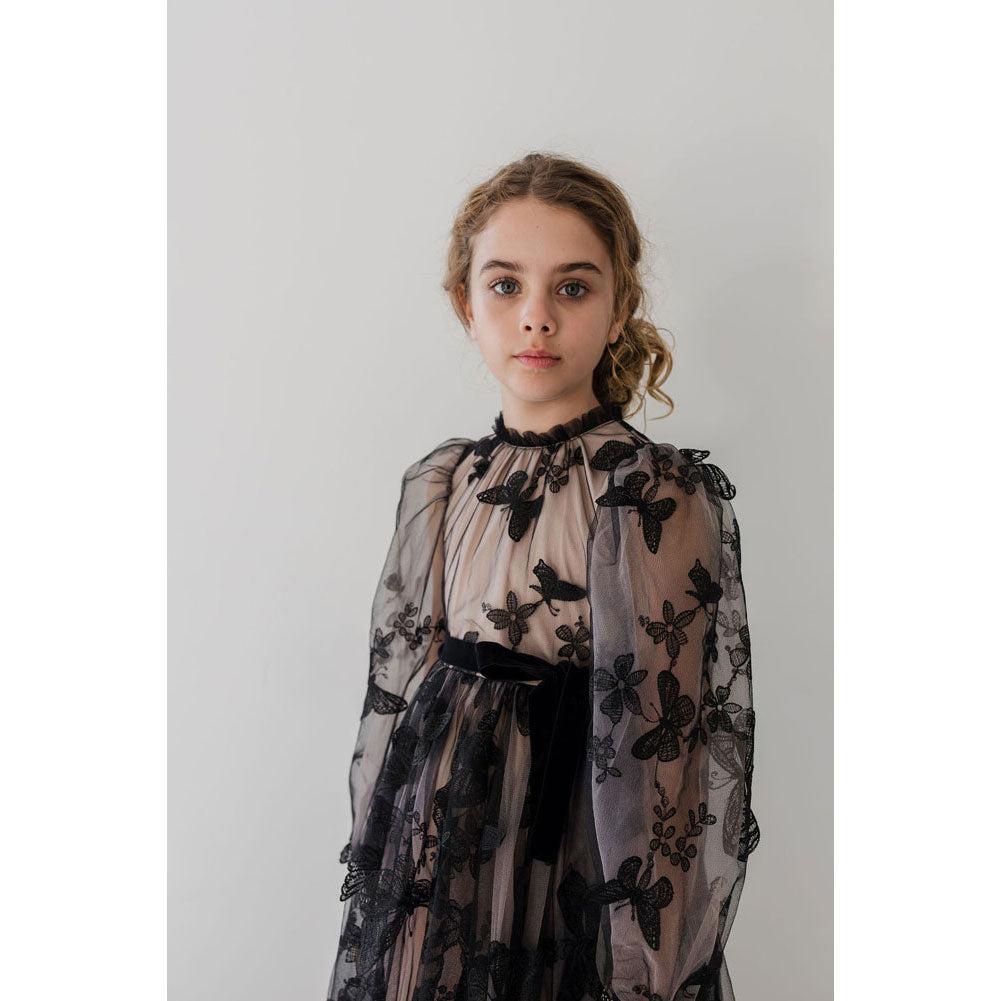 Petite Gold Black Butterfly Tulle Gown